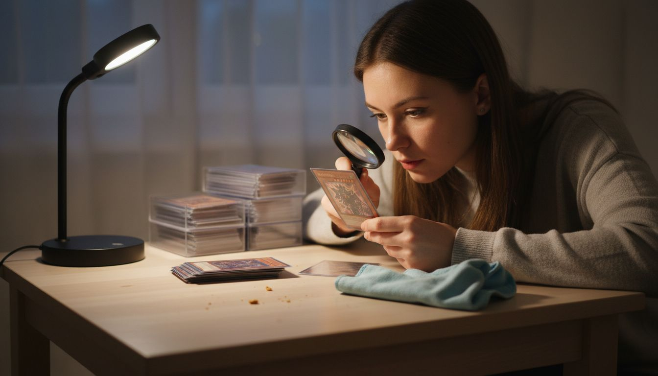 Une femme observe attentivement une carte de collection à l'aide d'une loupe, cherchant peut-être à en vérifier l’état ou l’authenticité.