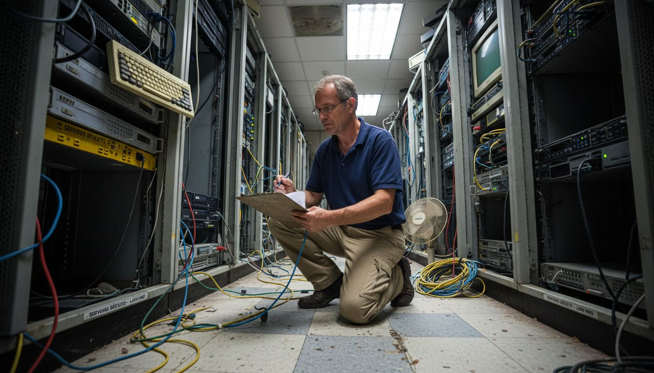 Un technicien s'affaire au milieu d'une salle de serveurs dépassée, entouré d'équipements vieillissants.