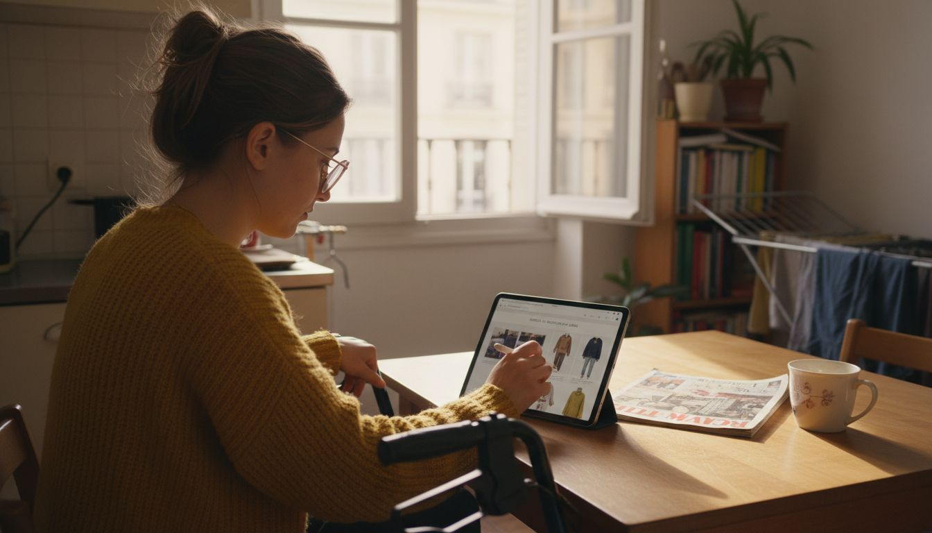 Une femme consulte une tablette tout en s'appuyant sur son déambulateur.
