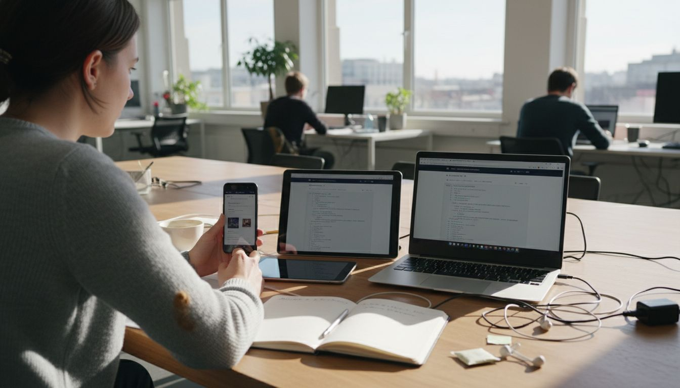 Une développeuse au sein d'une PME vérifie la compatibilité du site sur tous les appareils.