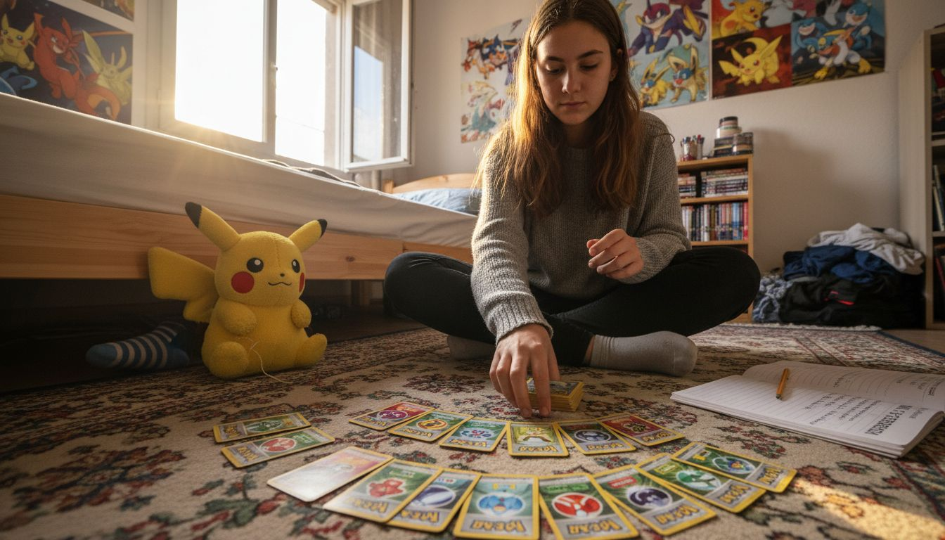 Une petite fille assise par terre dans sa chambre trie soigneusement ses cartes d’énergie Pokémon.