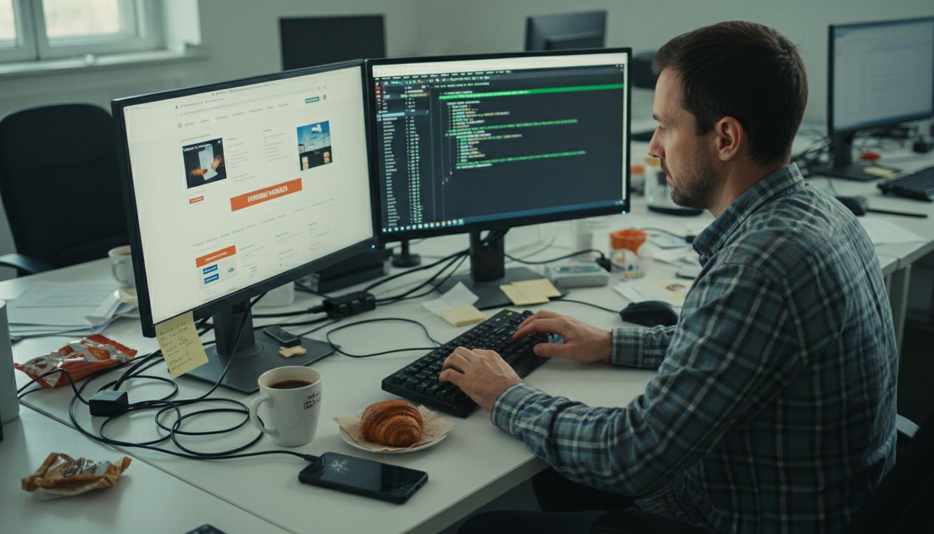 Un développeur web apporte des modifications en direct sur le site affiché à l’écran.