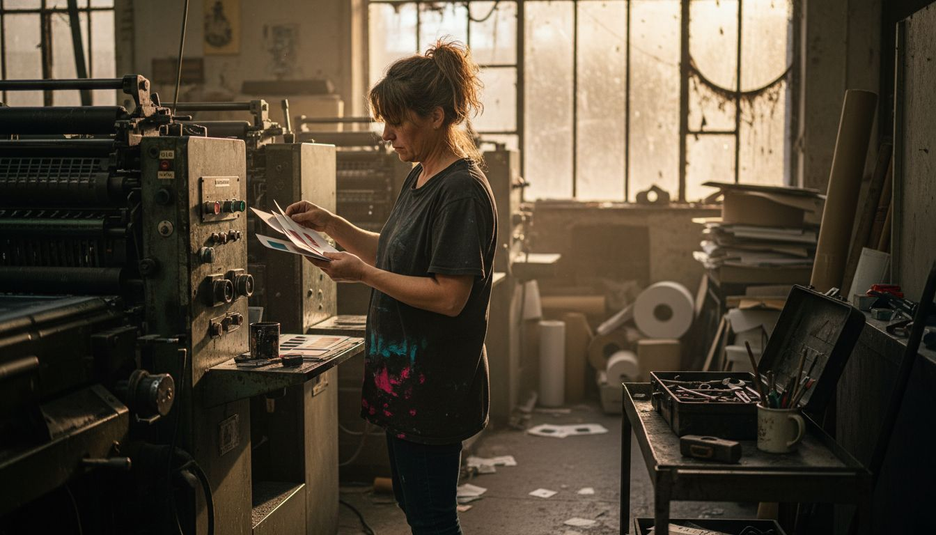 Un responsable examine différents échantillons de cartes à côté de l’imprimante.