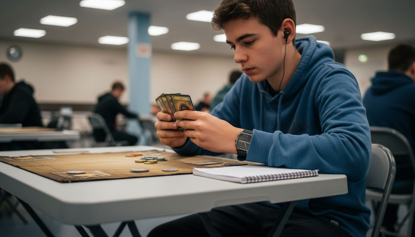 La main d’un joueur en pleine partie de jeu de cartes à collectionner