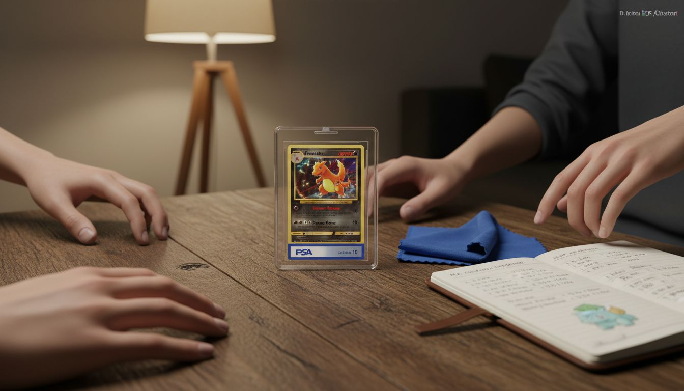 Une carte Pokémon rare soigneusement protégée, posée sur une table en bois.