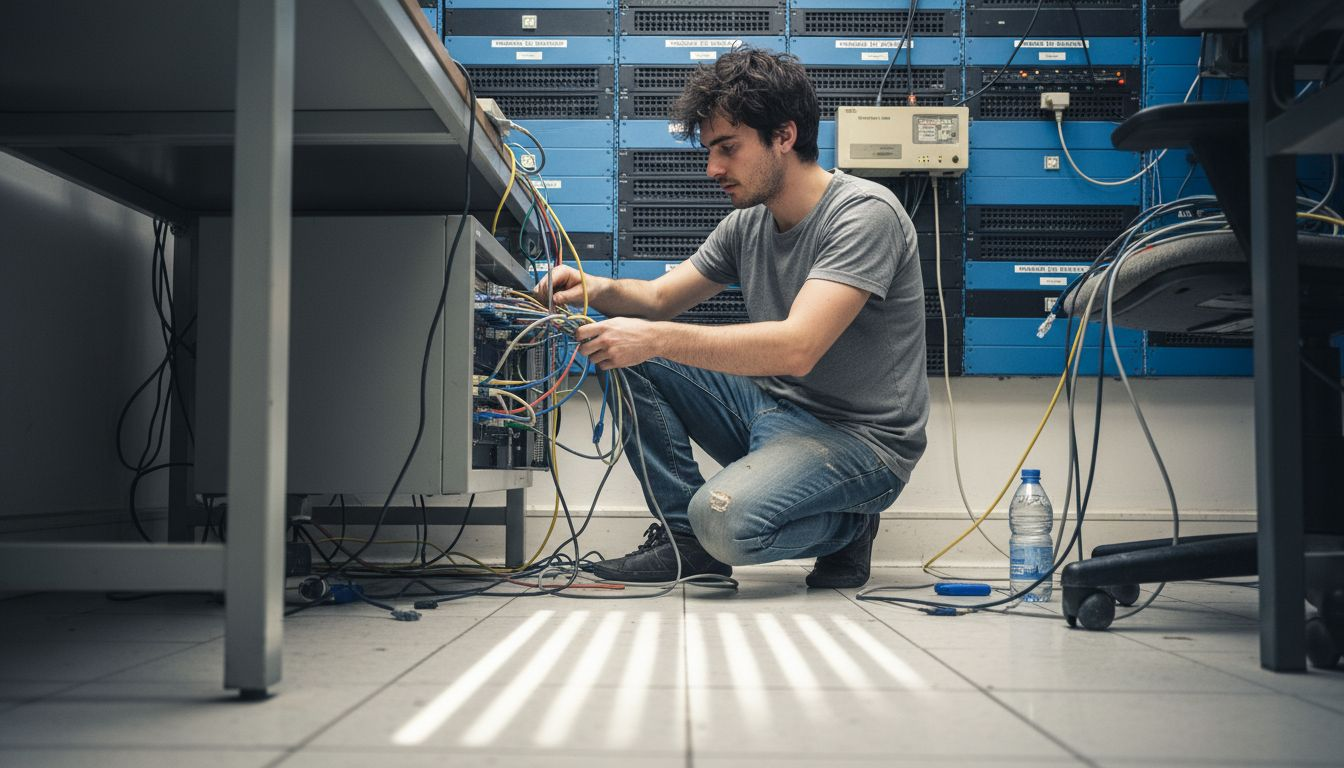 Un technicien assure la maintenance des équipements informatiques dans une salle serveurs sécurisée.