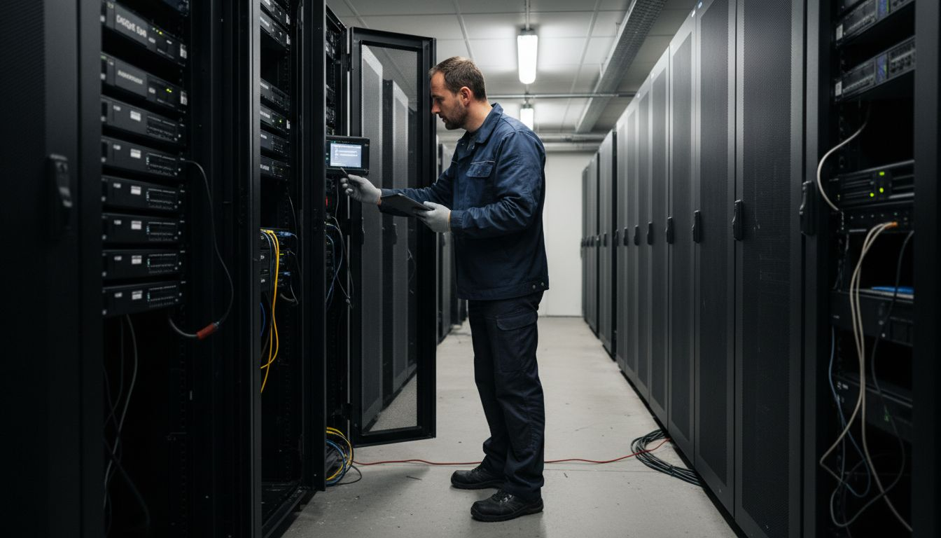 Un technicien effectue une vérification des serveurs au sein du centre de données.