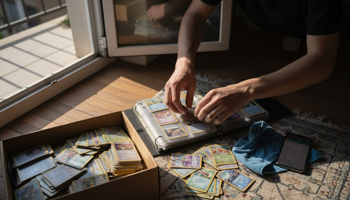 Des mains glissent soigneusement des cartes Pokémon dans les pochettes d’un classeur.