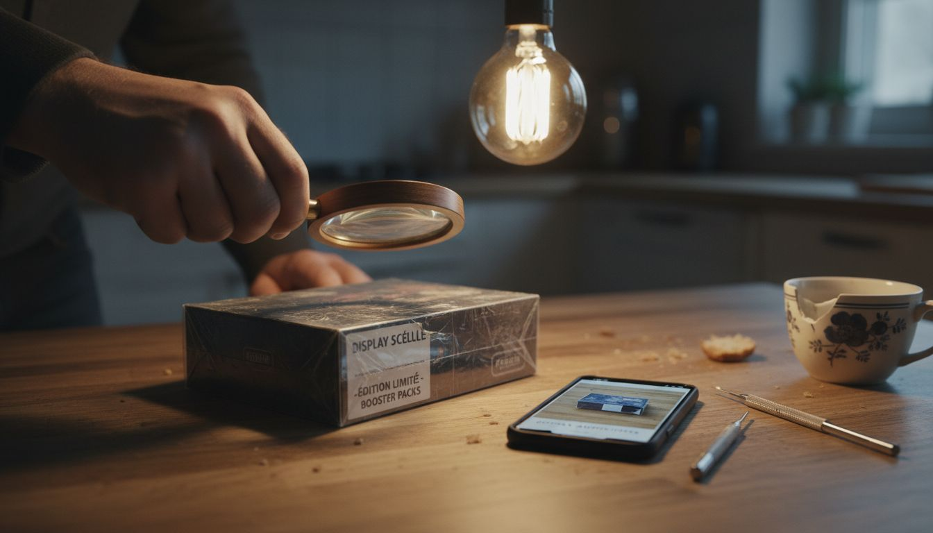 Examen minutieux d’un booster TCG scellé à la loupe, posé sur la table