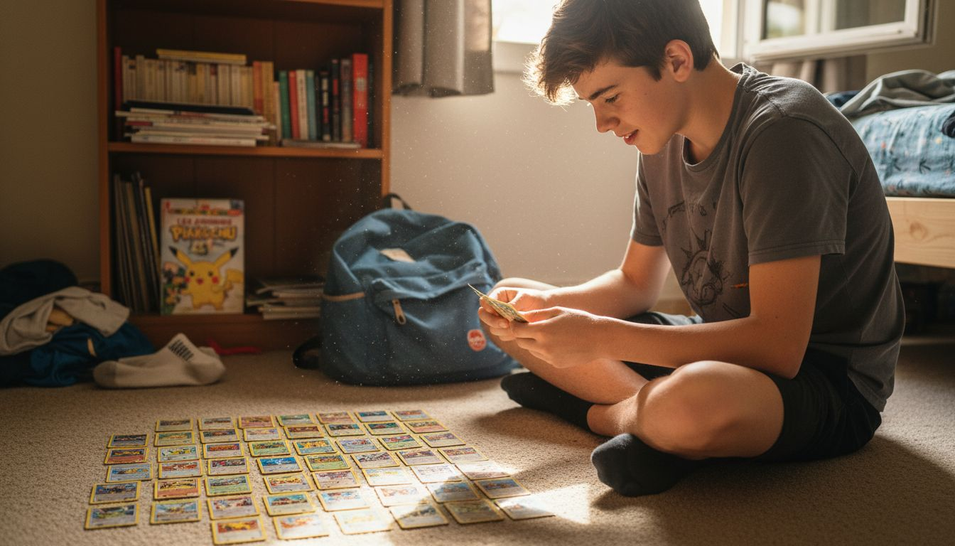 Un ado en pleine sélection de ses cartes Pokémon incontournables