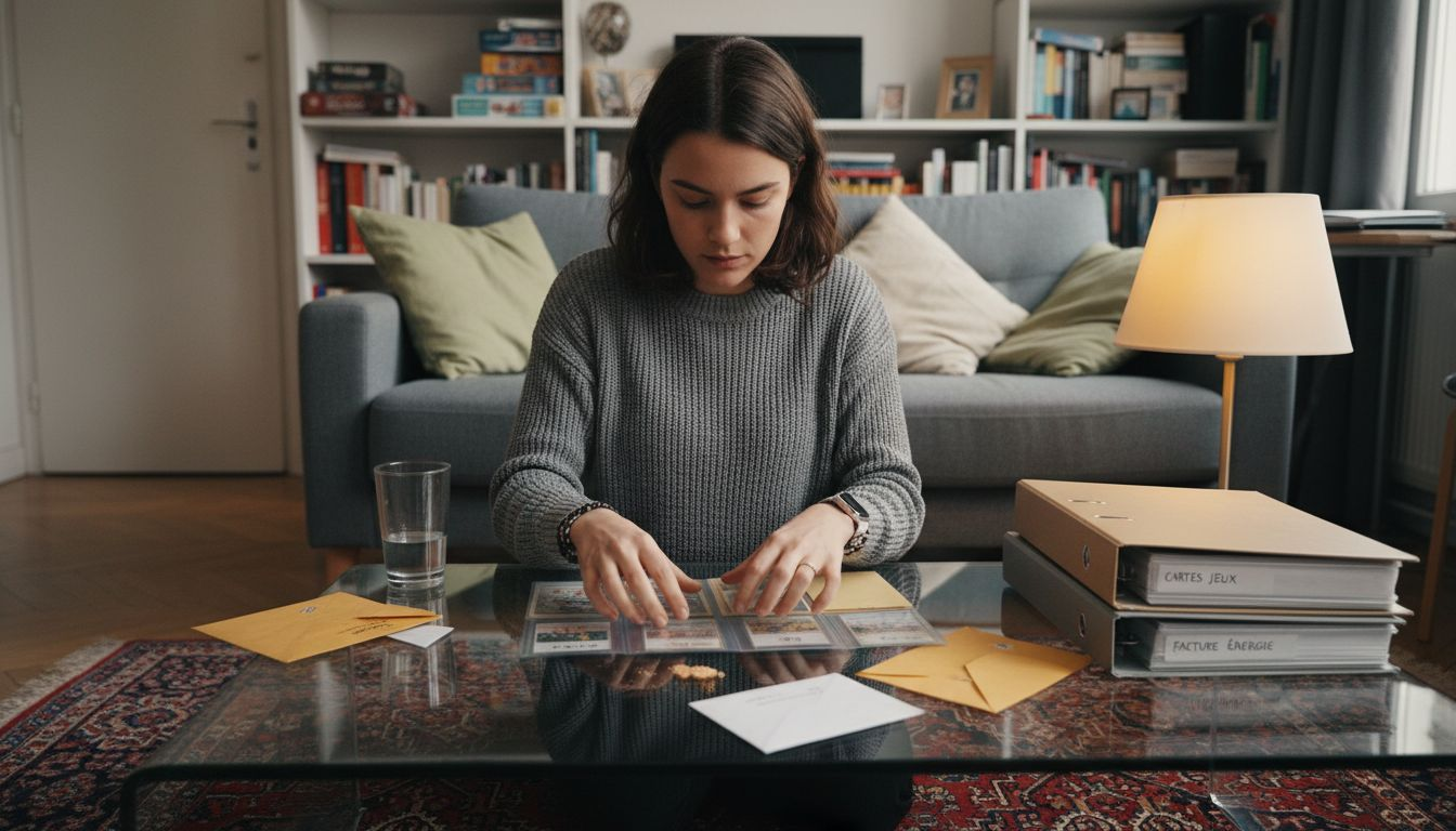 Une jeune femme passionnée examine avec attention sa collection de cartes rares étalées sur la table.