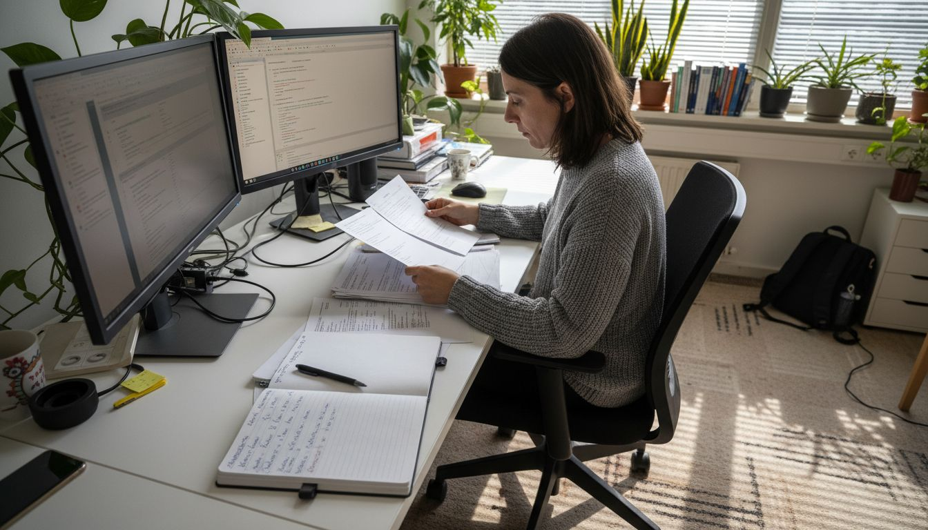 Consultante en informatique en train de passer en revue les dossiers d’audit pour des PME.