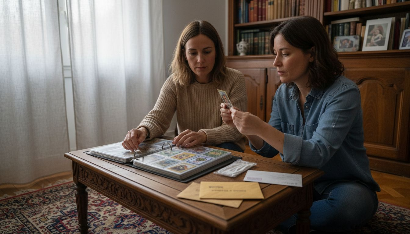 Deux femmes plongées dans la découverte d’un album rempli de cartes anciennes.