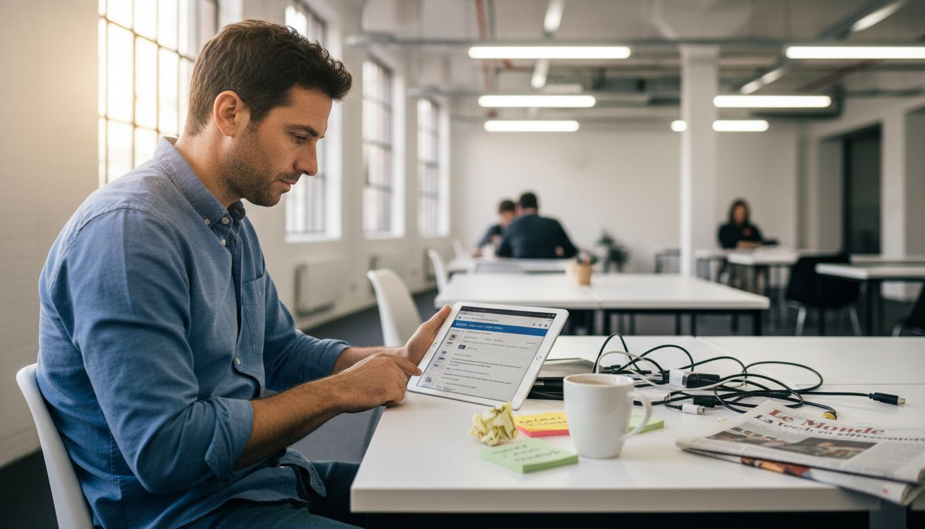 Un entrepreneur en pleine session de networking sur LinkedIn, installé dans l’ambiance dynamique d’un espace de coworking.