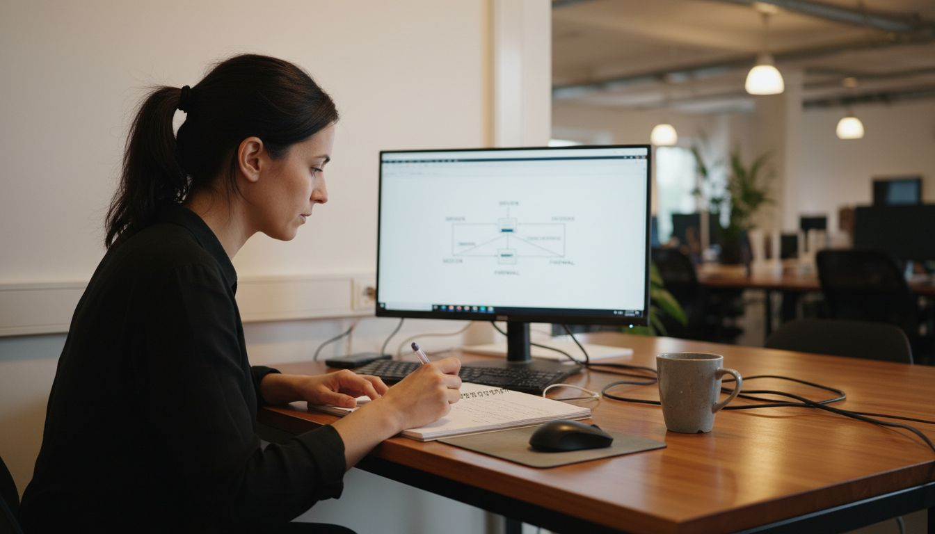 Au bureau, une ingénieure en informatique analyse l’architecture du cache web pour optimiser les performances du système.