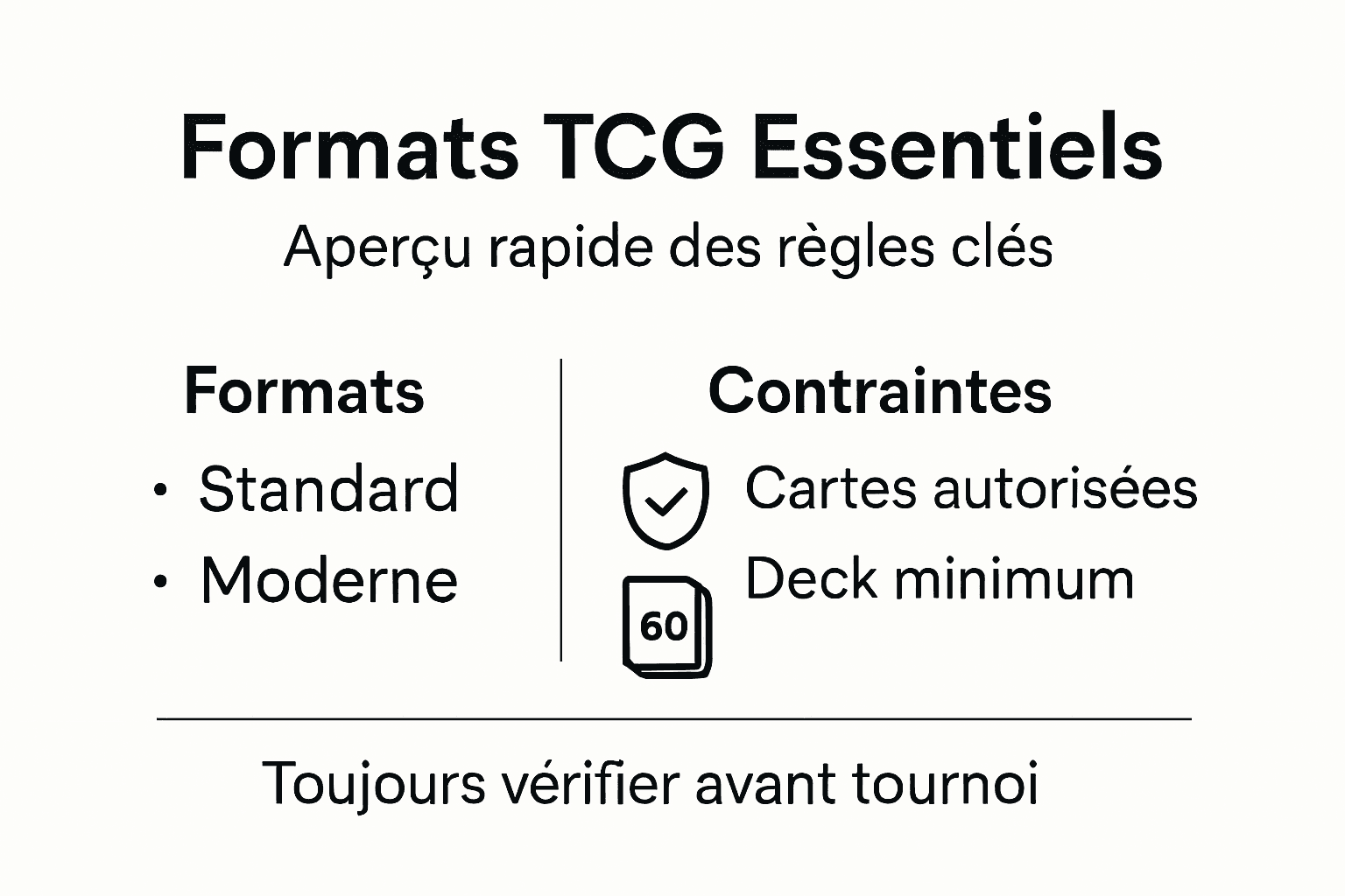 Visuel explicatif des différents formats de jeux de cartes à collectionner et des règles essentielles à connaître