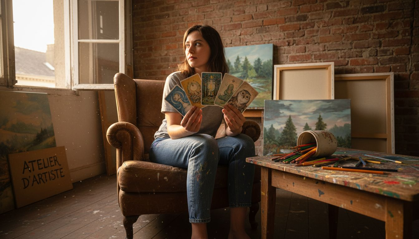 Une femme examine différents modèles de cartes illustrées, en comparant leur style et leur originalité.