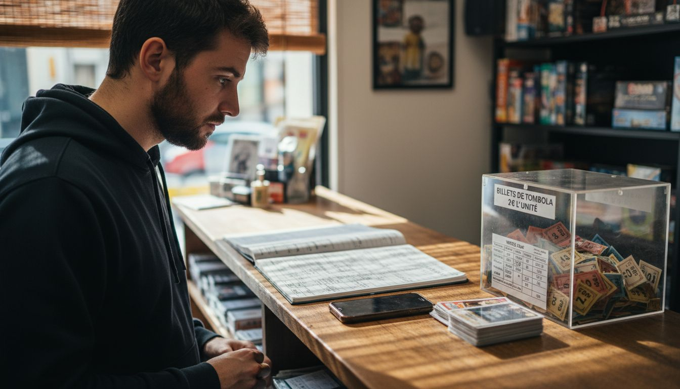 Un jeune homme passe en revue ses billets de tombola, espérant décrocher le gros lot.
