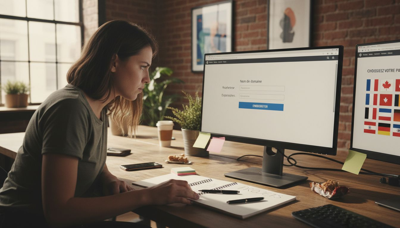 Une femme en pleine réflexion sur le choix de l’extension de nom de domaine la plus adaptée à son projet.
