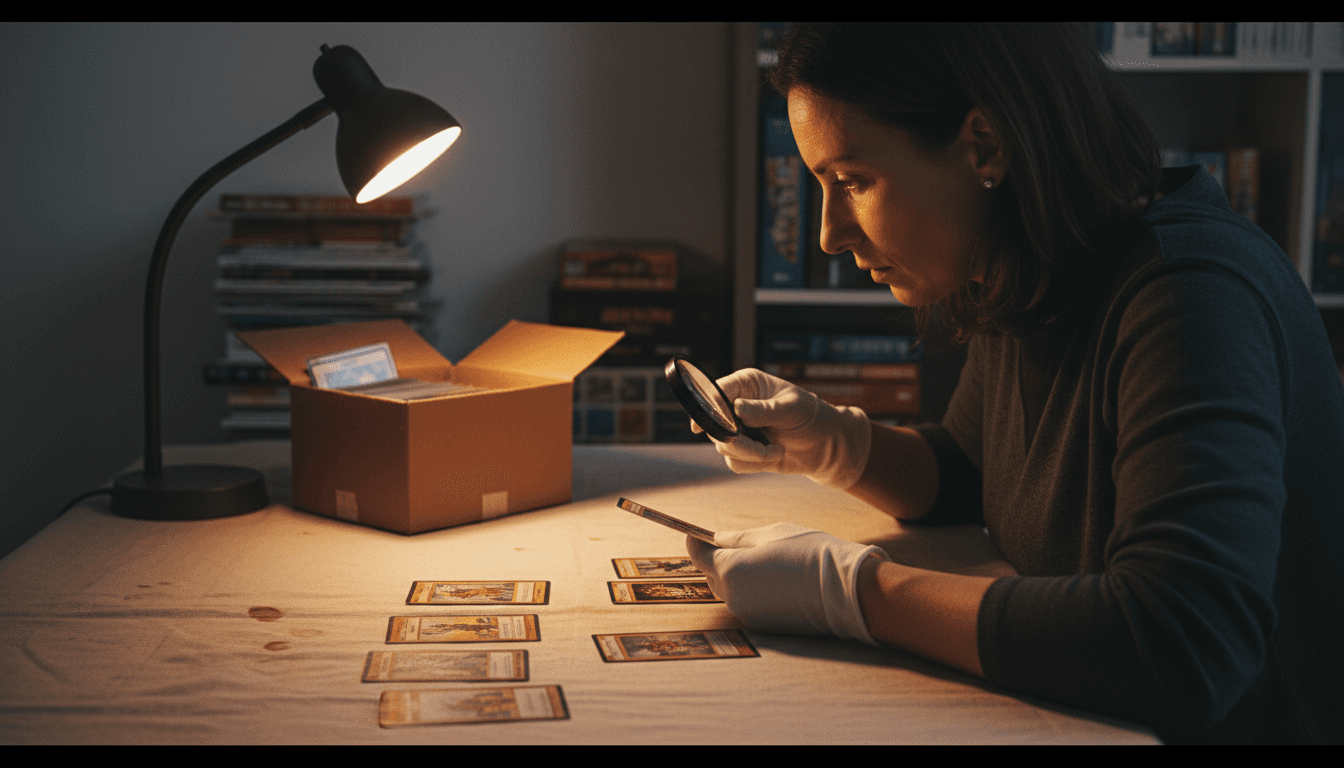 Une femme examine minutieusement une carte TCG à l’aide d’une loupe pour en vérifier l’état.