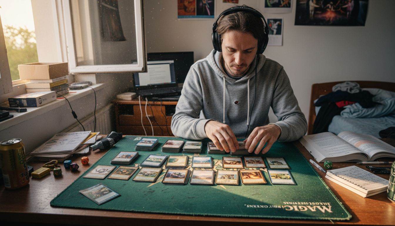 Un joueur pose sa carte Judge Promo sur le tapis de jeu.