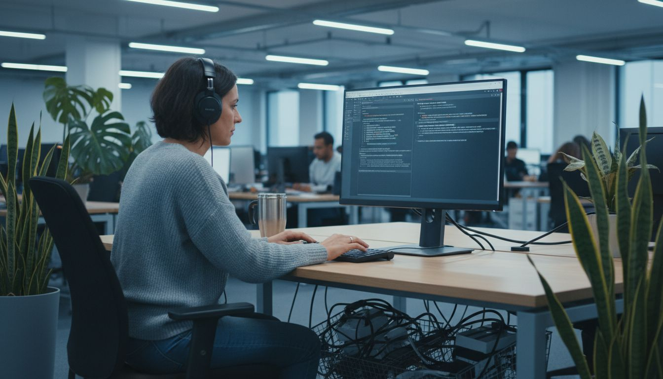 Dans l’open space, un développeur s’occupe de la mise en place du certificat SSL sur son poste de travail.