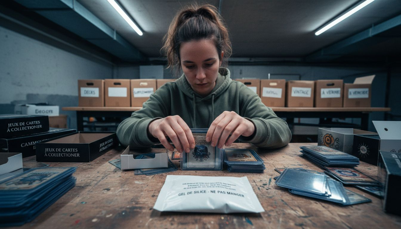 Une femme range soigneusement des cartes dans des boîtes de protection.