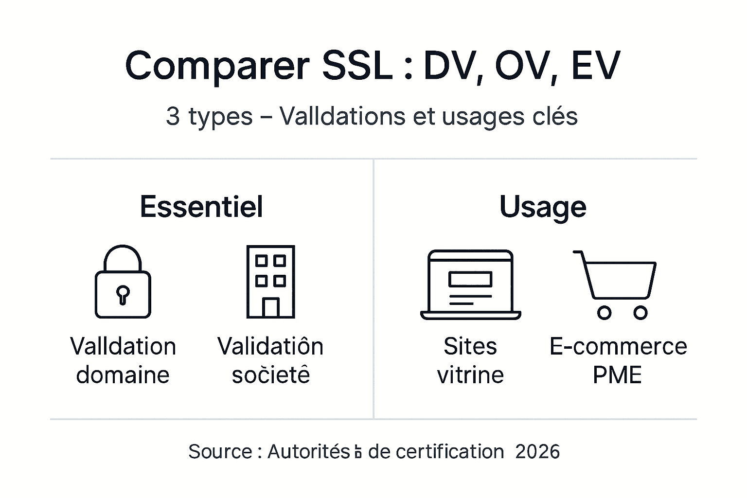 Infographie : comparatif des différents types de certificats SSL – DV, OV et EV