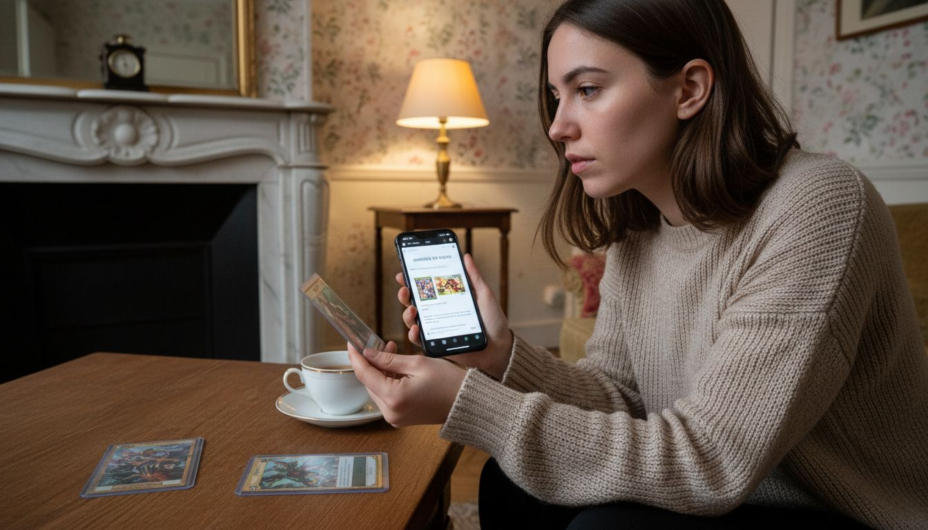 Une jeune femme examine la cote d’une carte de collection rare
