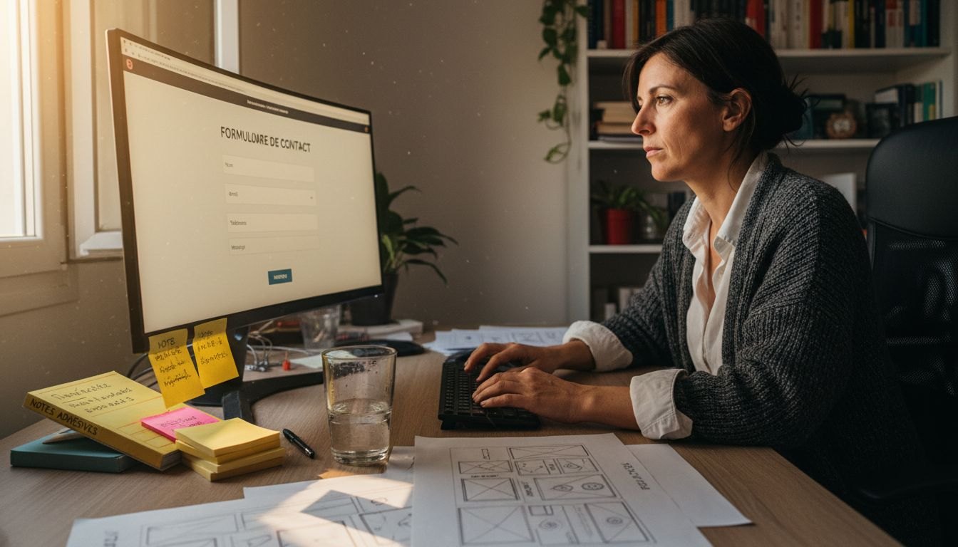 Une femme travaille sur la mise à jour d’un formulaire de page d’accueil depuis son bureau.
