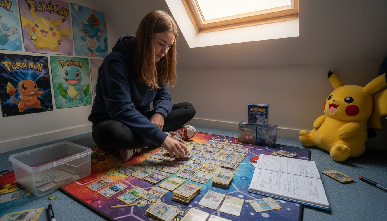 Une jeune fille remet soigneusement ses cartes Pokémon dans leur pochette après les avoir sorties.