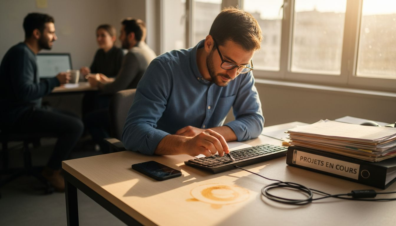 Un salarié d’une petite entreprise prend soin de son poste de travail en nettoyant son clavier d’ordinateur.