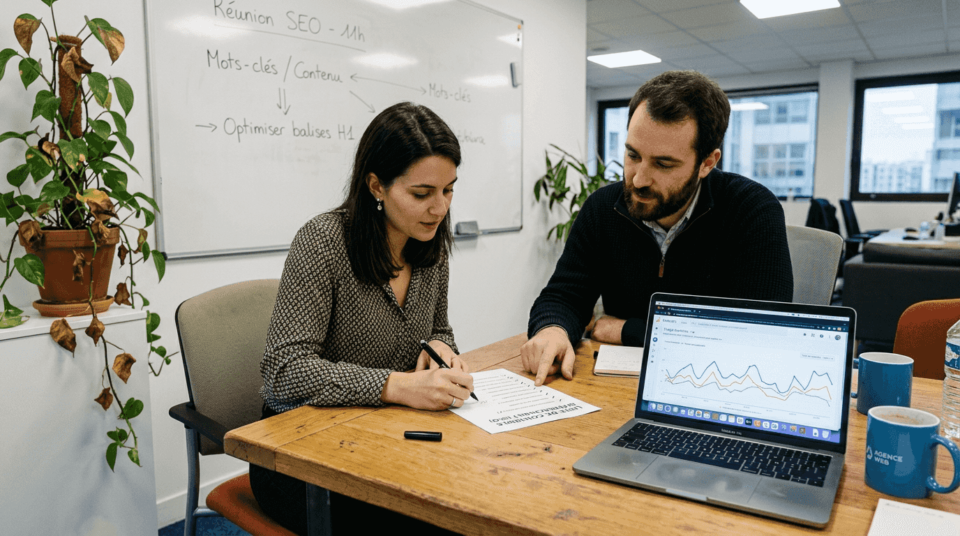 Des collaborateurs passent en revue les différentes étapes d’un audit SEO imprimé.