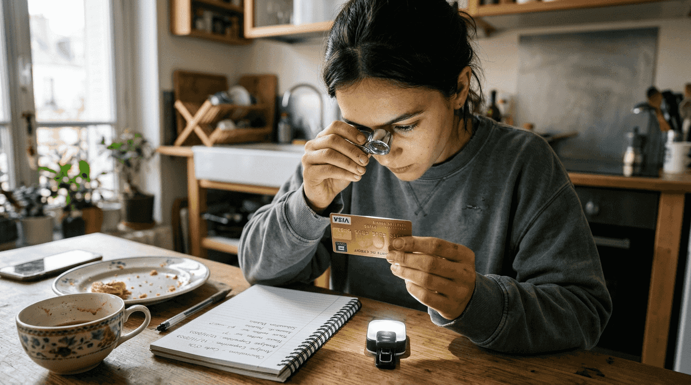 Une femme examine attentivement sa carte Gold à l’aide d’une loupe.