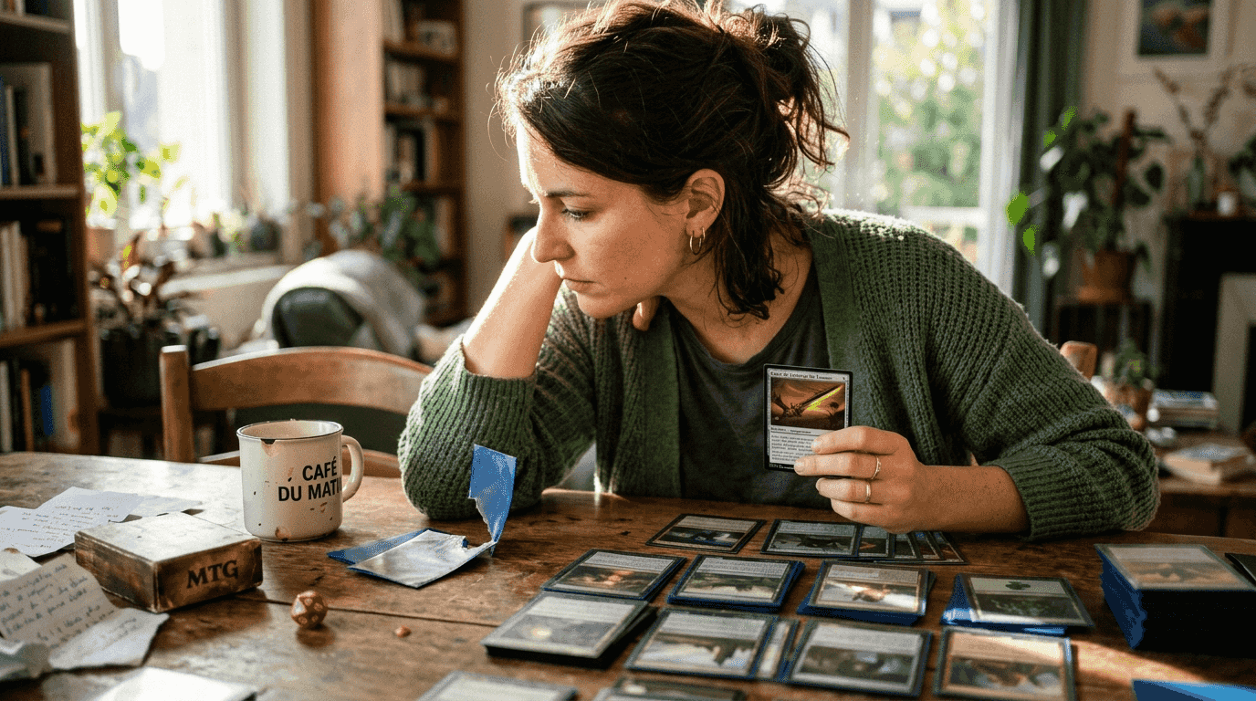 Une femme observe attentivement une carte d’équipement magique, cherchant à en percer les secrets.