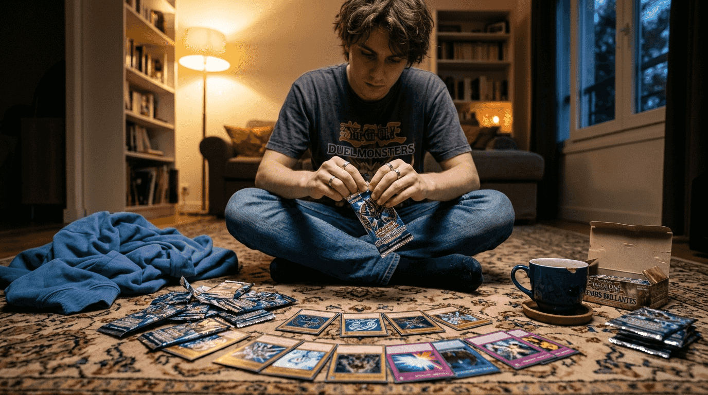 Déballer des boosters Yu-Gi-Oh assis par terre