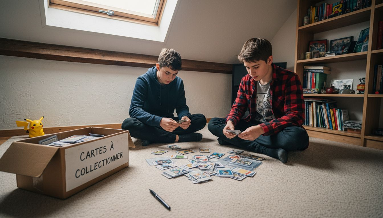 Des ados en pleine discussion, en train de comparer différents types de cartes à collectionner.