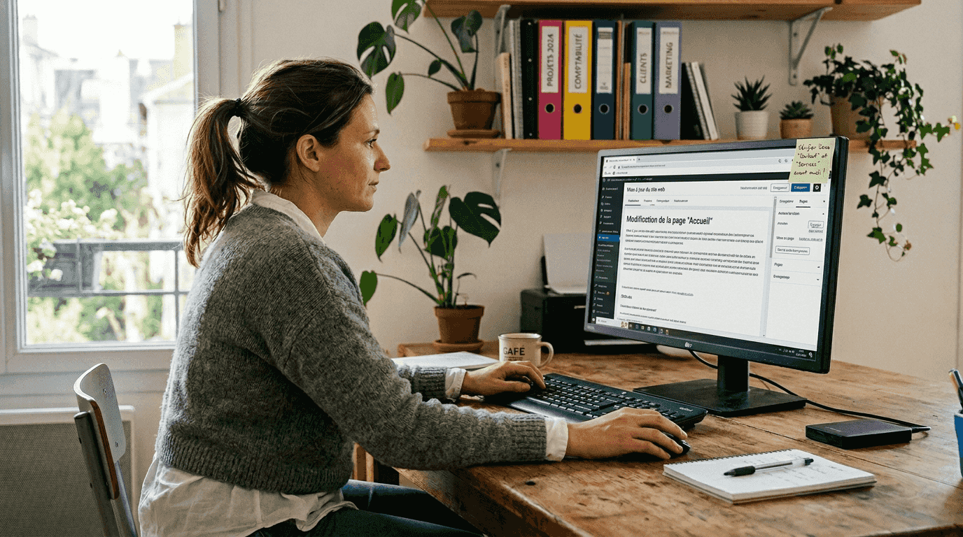 Une salariée de PME en train de mettre à jour le site internet depuis son ordinateur.