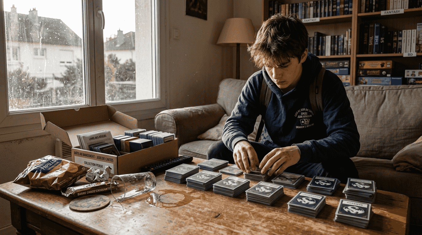 Un ado trie ses cartes protégées dans des pochettes, tranquillement installé chez lui.