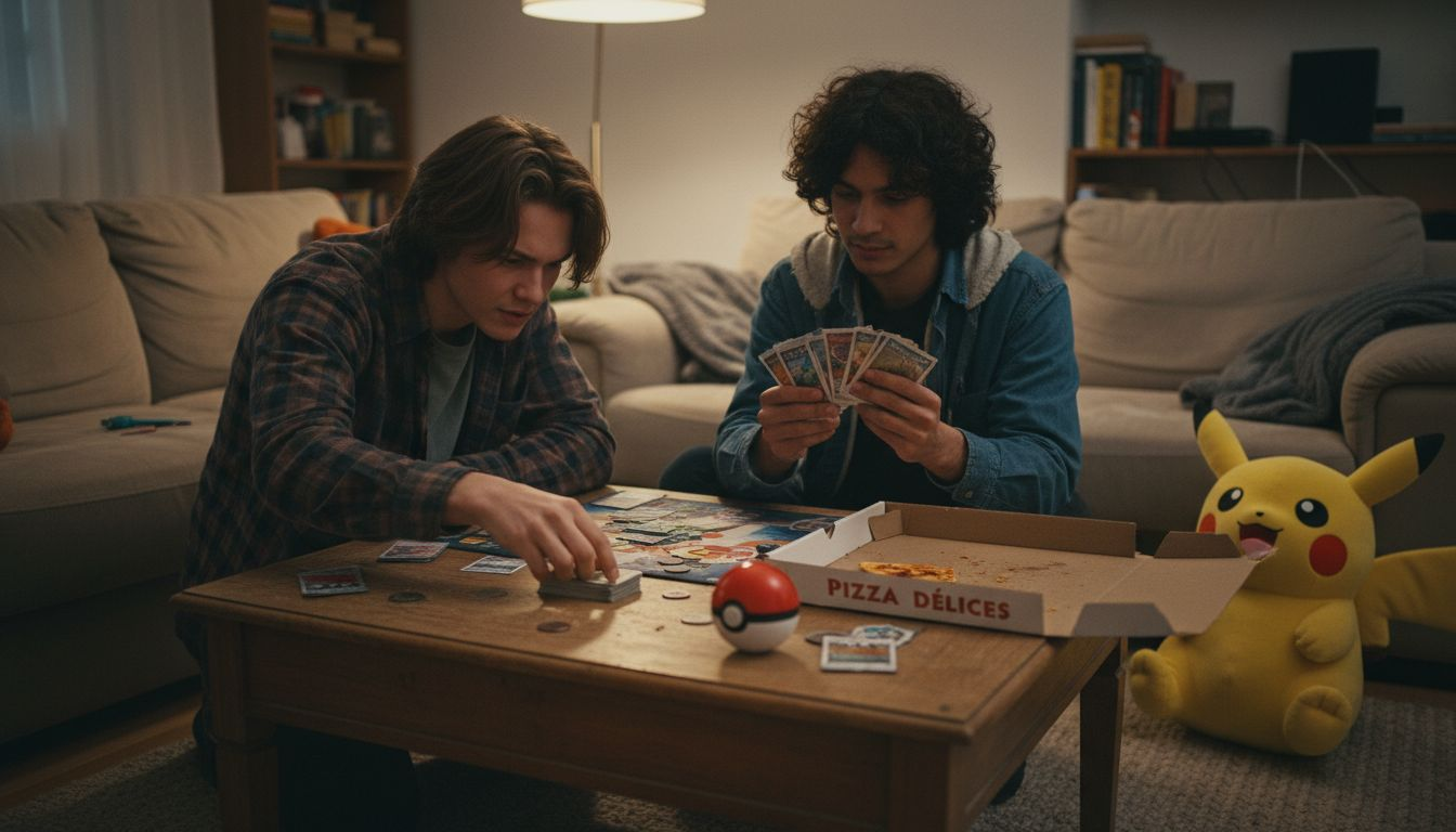 Des amis en pleine partie de cartes Pokémon, installés autour d’une table basse encombrée.