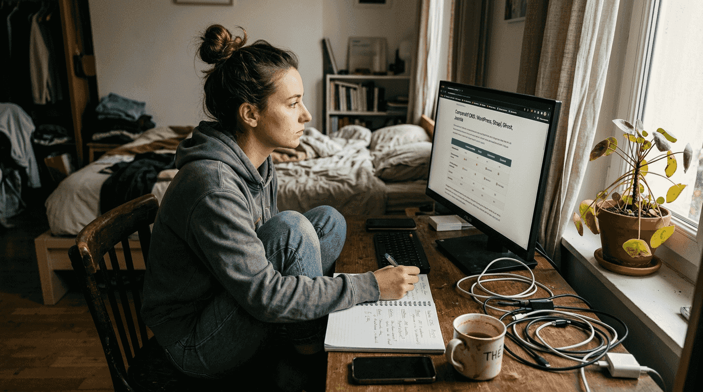 Un développeur hésite entre plusieurs CMS, assis à son bureau encombré de câbles, carnets et tasses de café.