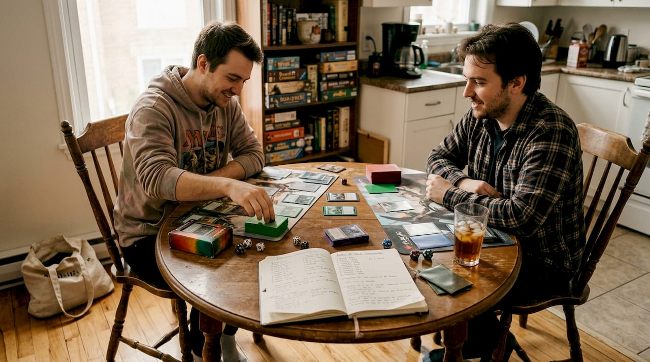 Deux amis plongés dans une partie de Magic Commander.