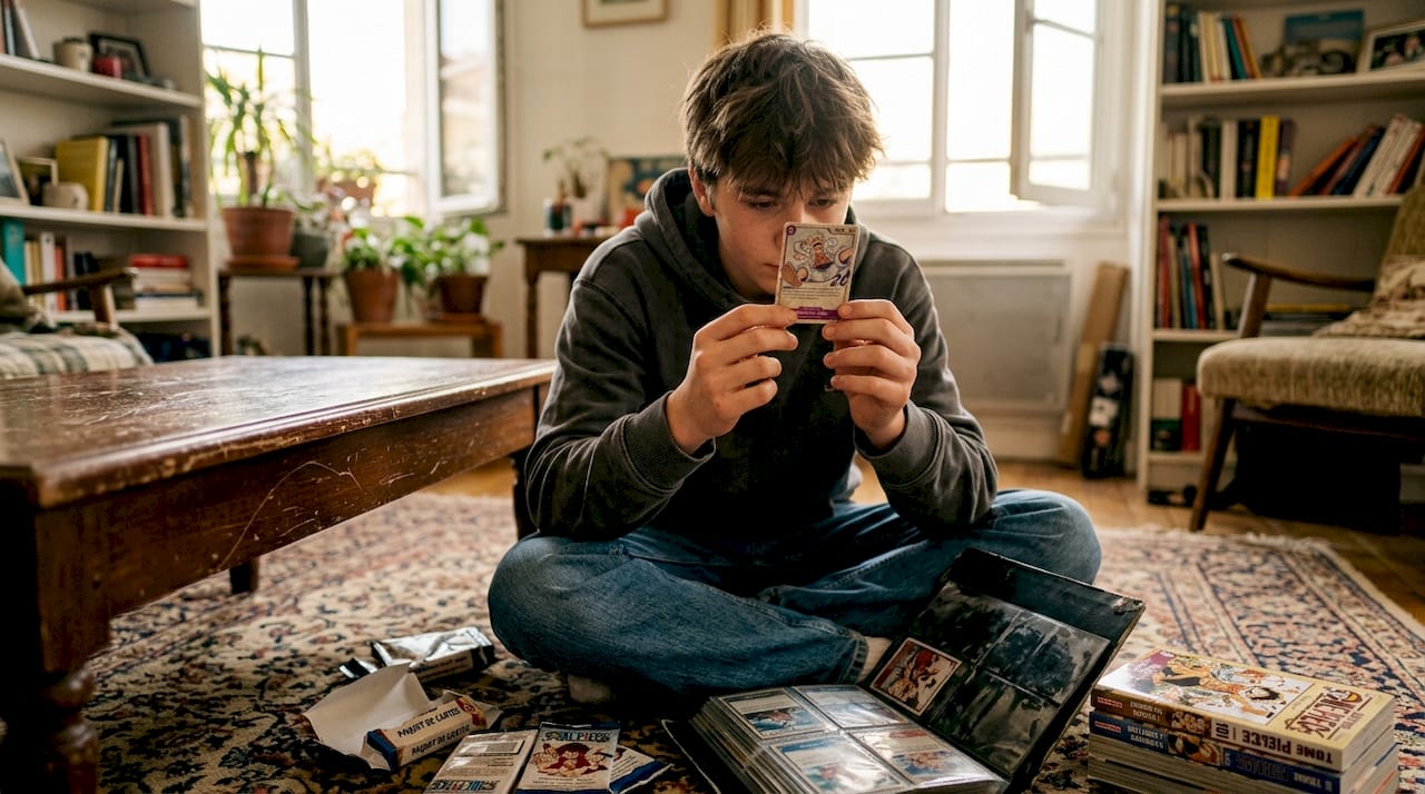 Un ado passionné examine attentivement une carte promo de Luffy, personnage emblématique de One Piece.
