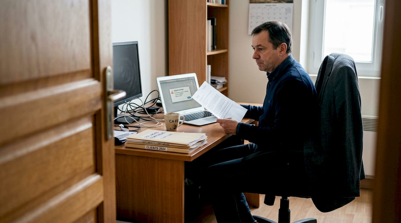 Un dirigeant de petite entreprise, visiblement sous pression, assis devant son écran d’ordinateur.