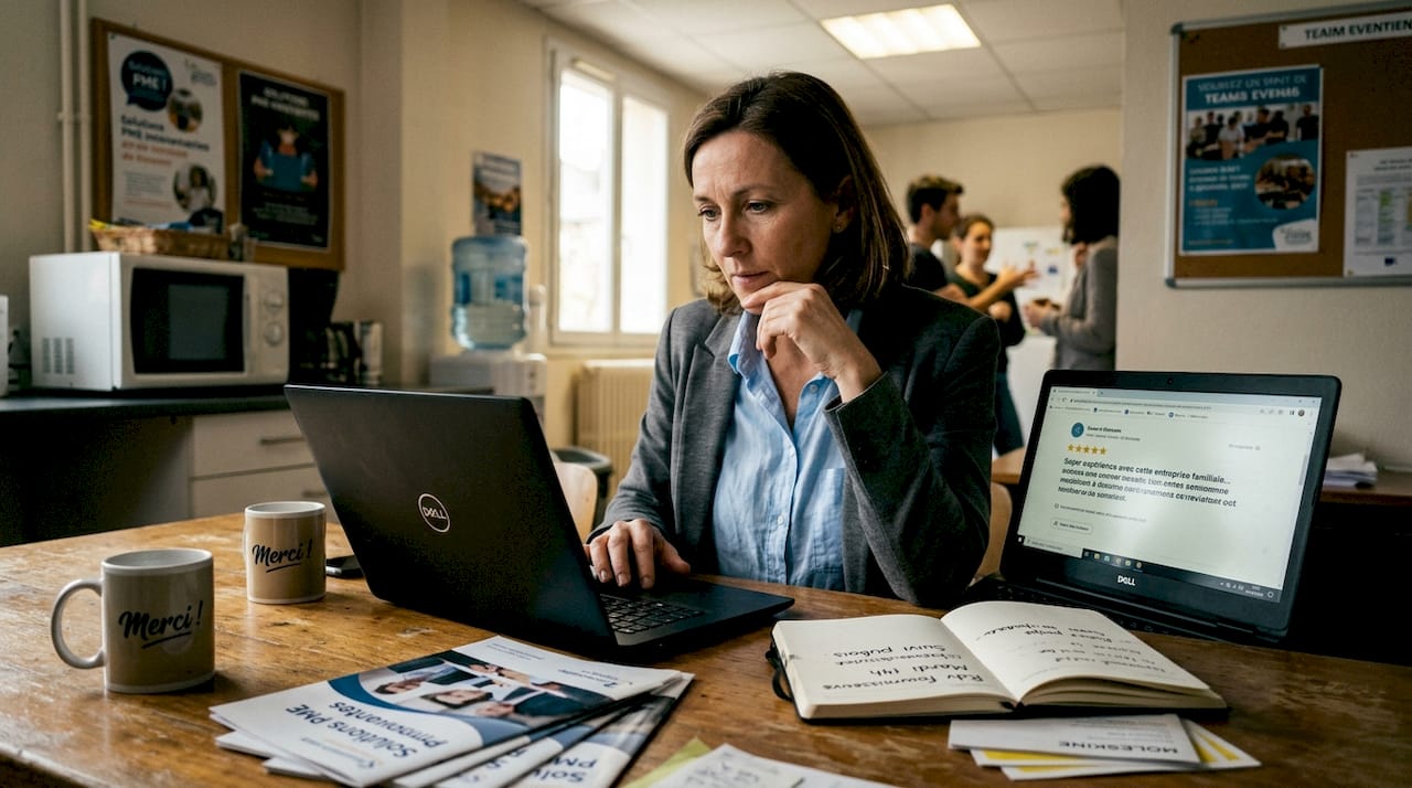Une dirigeante de PME consulte les avis laissés par ses clients.