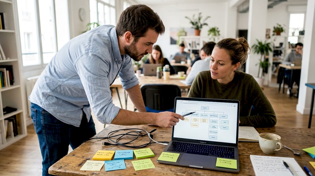 Un consultant SEO en train de présenter à son client l’importance du sitemap pour optimiser la visibilité de son site sur Google.