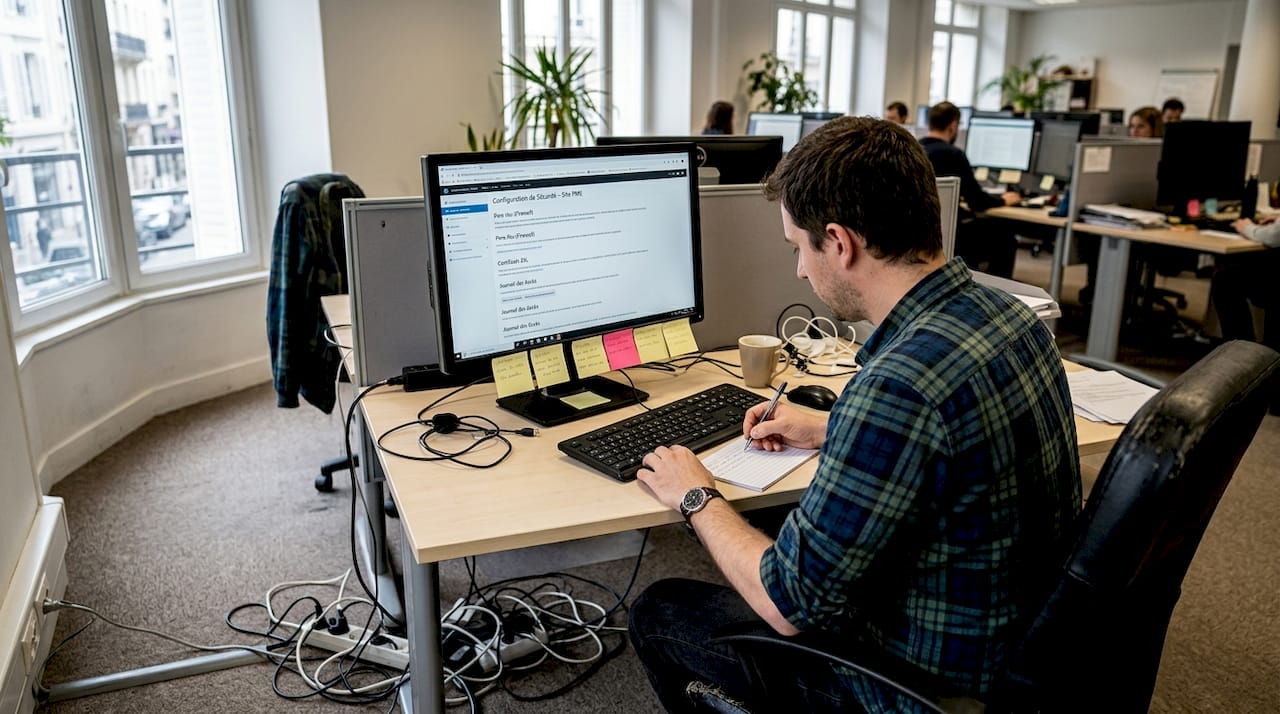 Un webmaster procède à un contrôle de la sécurité informatique du site d’une PME installée en open space.