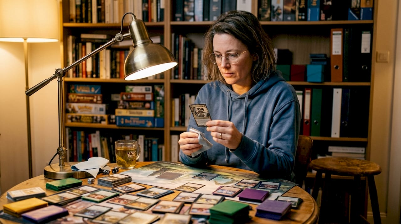 Une passionnée examine une carte Magic rare en version alternative lors d’un salon.