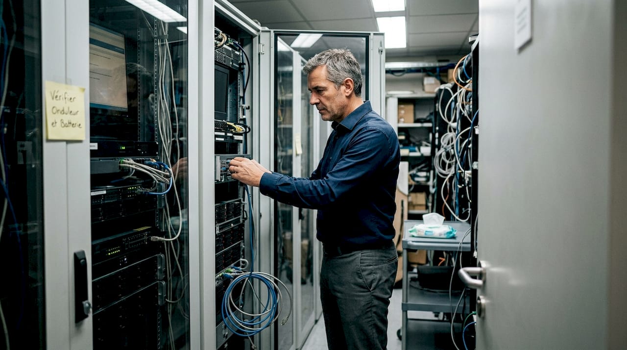 Un responsable informatique effectue une vérification du matériel dans la baie de serveurs de l’entreprise.