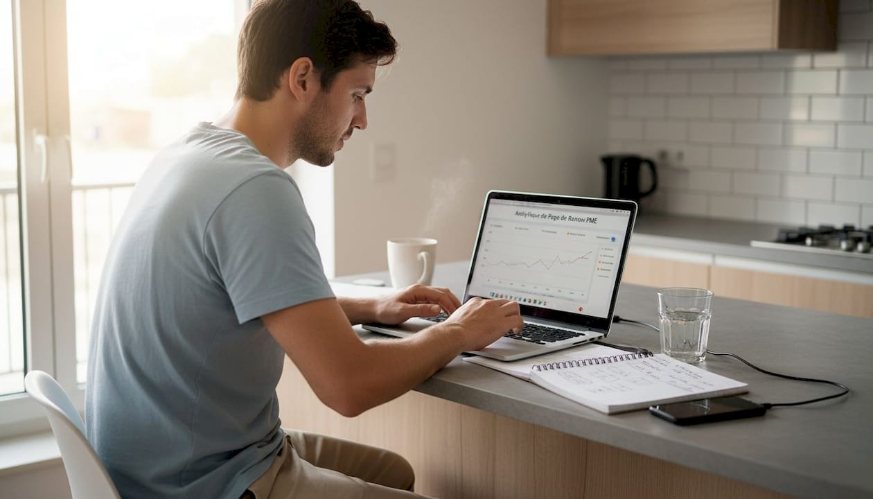 Installé sur l’îlot de la cuisine, un homme consulte les résultats de son test A/B pour sa page d’accueil.